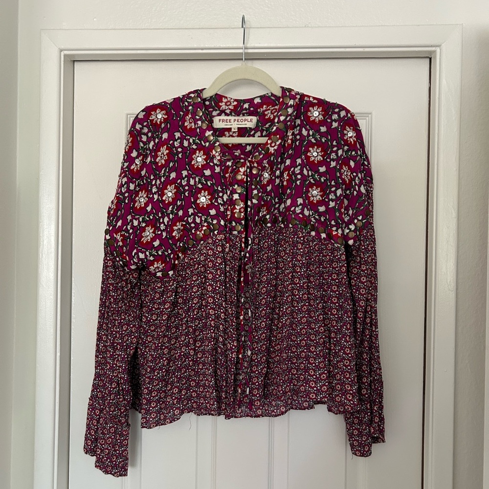 Free People Magenta Mixed-Print Boho Button-Front Blouse